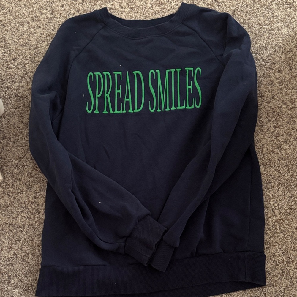 Navy Crew Neck Sweater with Green 'Spread Smiles' Design